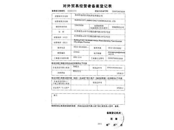 对外贸易注册登记表